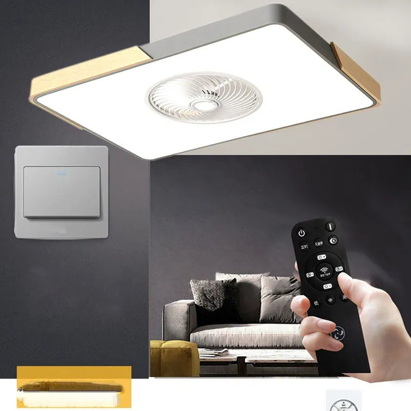 Nordic style ceiling fan with light fixture showing solid wood blades and PVC lampshade in rectangular configuration