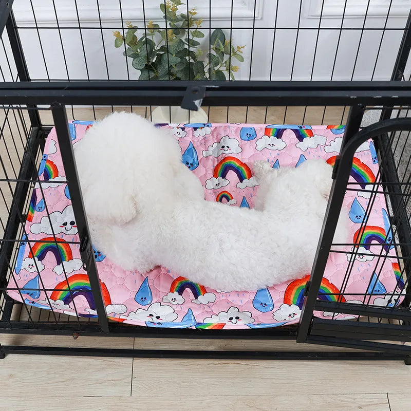 Reusable washable pet urine pad with colourful animal print design and waterproof backing.