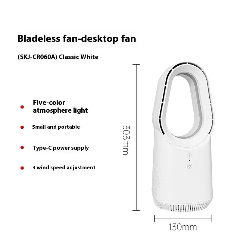 White bladeless tower fan with remote control and touch screen buttons