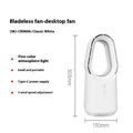 White bladeless tower fan with remote control and touch screen buttons