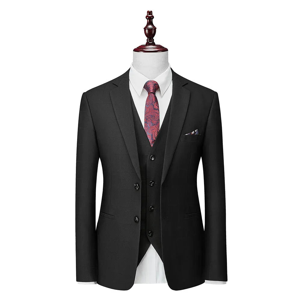 Men's navy blue plaid slim fit three-piece business casual suit with jacket, vest, and trousers
