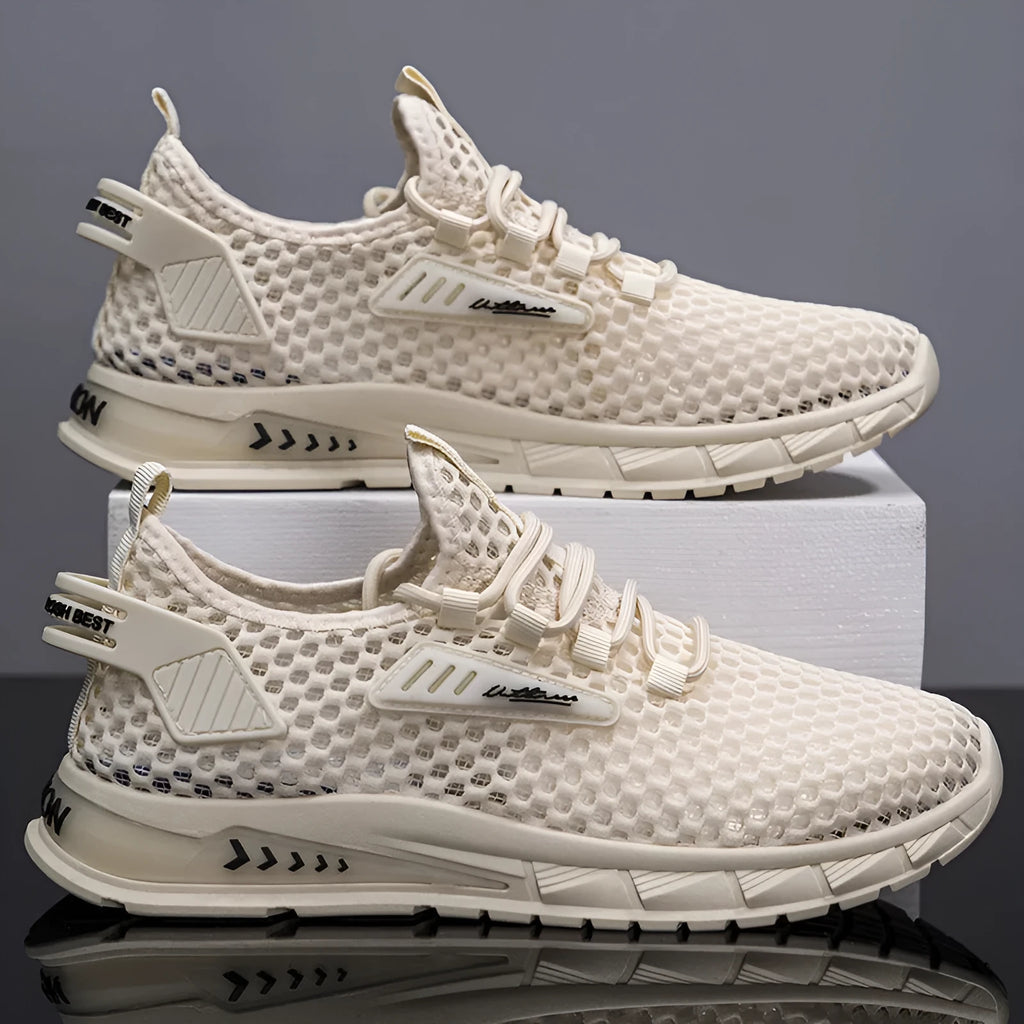 Men's mesh sneakers in beige with synthetic leather upper and lace-up design