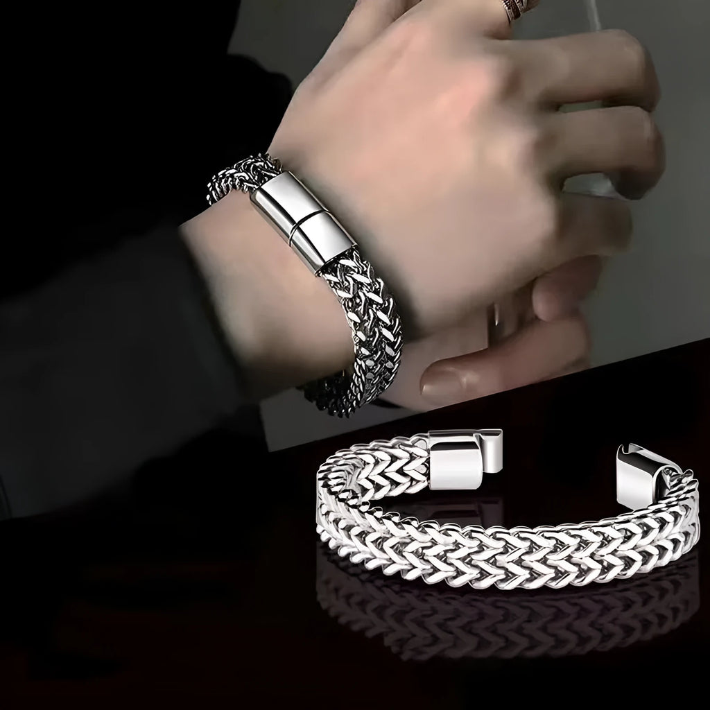 Geometric titanium steel unisex bracelet in silver showing simple front and back design.