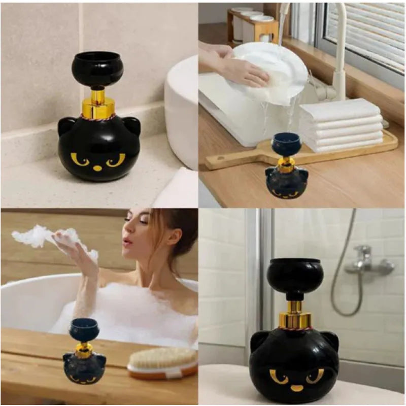 Black cartoon cat shaped plastic soap dispenser with manual pump, 10cm wide by 18cm high