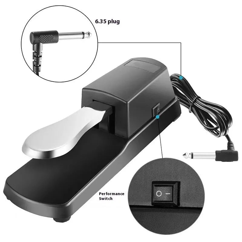 A single black ABS plastic sustain pedal for electronic keyboards on a white background.
