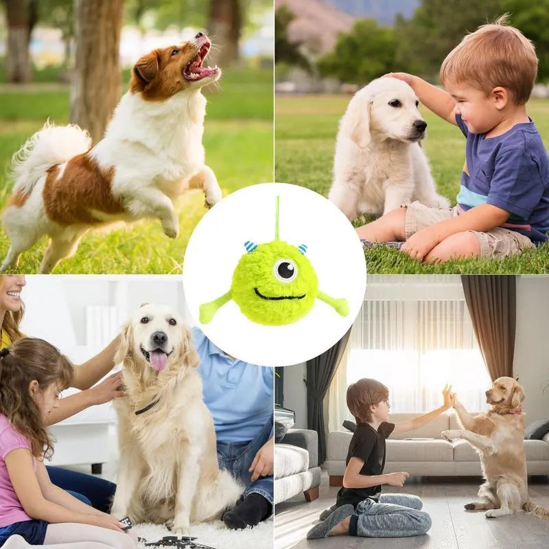 Green sound-activated interactive dog teething ball toy with flexible plush and TPR construction