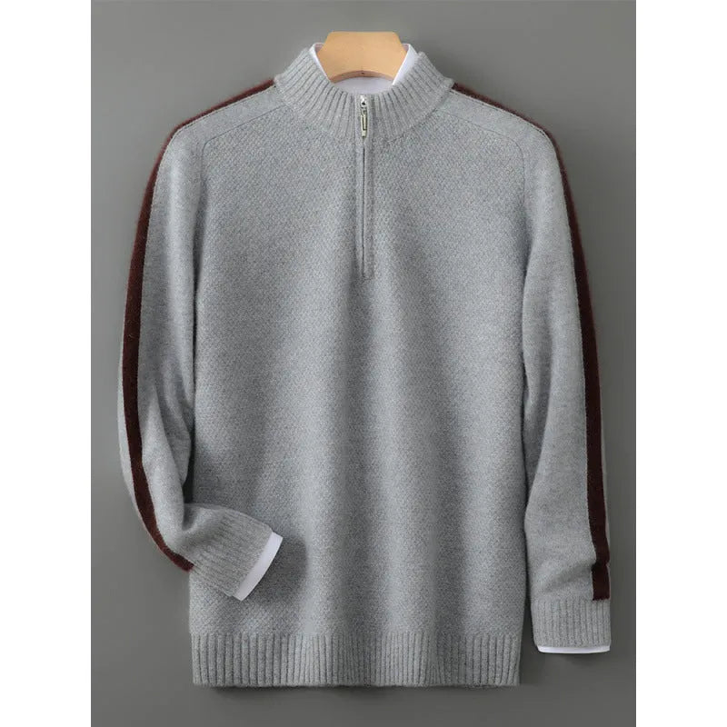 Half zip round neck slim fit wool sweater in grey on a hanger