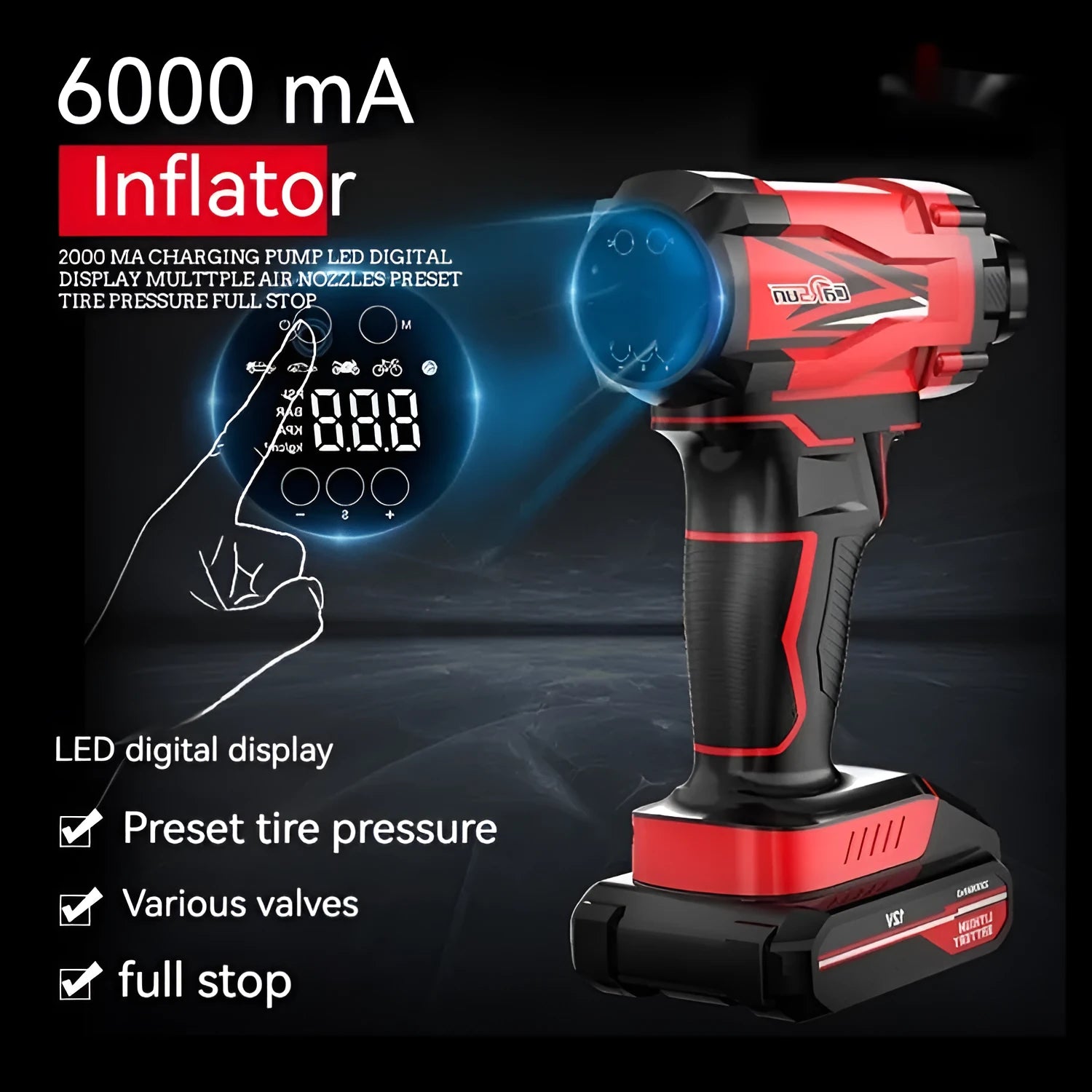 Red and black portable car air pump with cigarette lighter plug, multiple nozzles, and 3m power cable