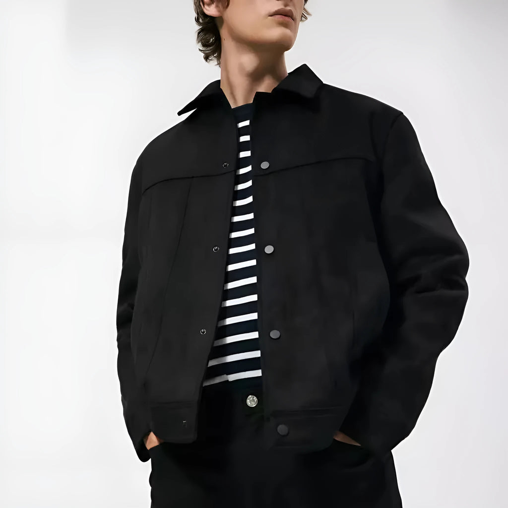 Men's black hooded jacket with suede collar showing front view with pockets