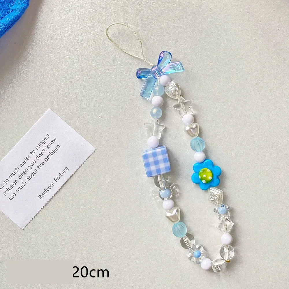 Floral beaded mobile phone lanyard in blue, pink or yellow colour options