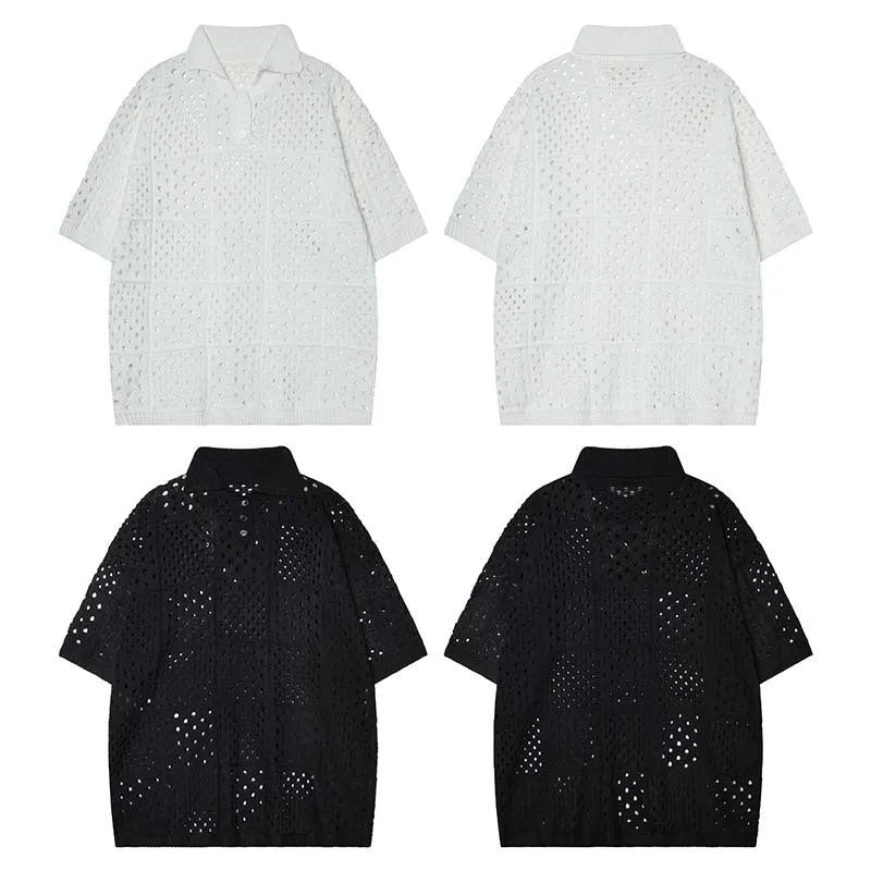 Teenager wearing black hollow knit polo shirt with loose cardigan style and short sleeves