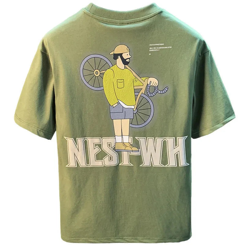 Green men's loose fit t-shirt with literary youth print and short sleeves for sports wear