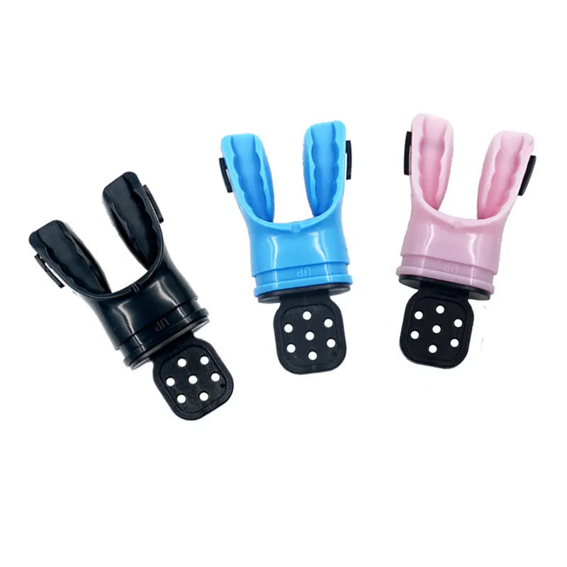 Plastic-free diving mouthpiece in edible silicone showing colour options including transparent and solid colours