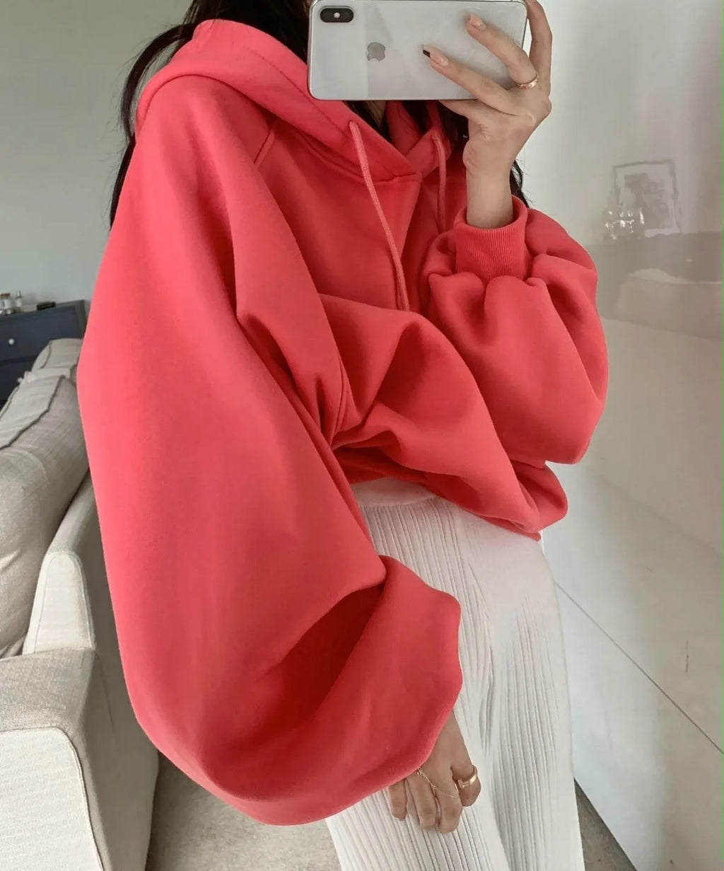 Women's loose mulberry silk hooded sweater in watermelon red colour without sleeves