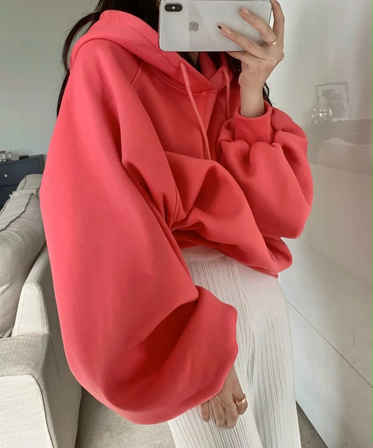 Women's loose mulberry silk hooded sweater in watermelon red colour without sleeves
