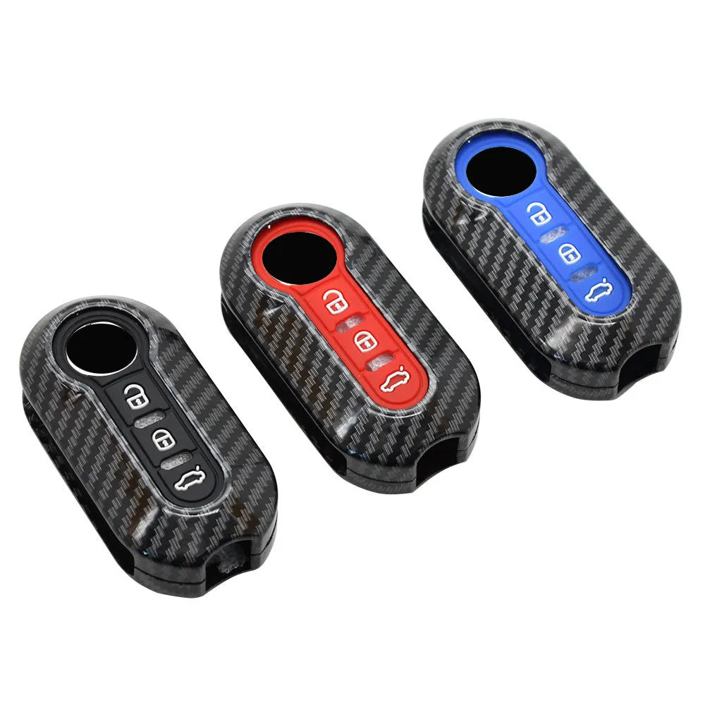 Fiat 500 Boyue Ottimo Viaggio car remote key replacement shell in black, red, and dark blue colours.