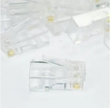 White RJ45 network modular plug with gold-plated three-fork contacts and all-copper insert