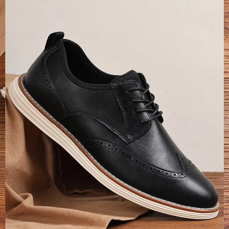 Men's black slip-on casual shoes with PU leather upper and round toe.