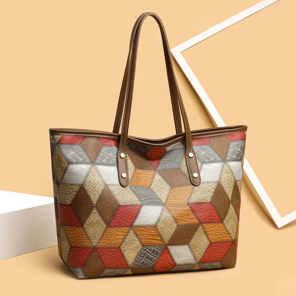 Blue brown PVC women's shoulder handbag with sandwich pocket design for business and leisure use