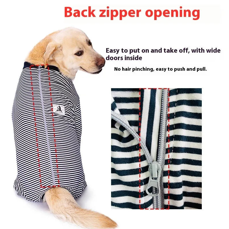 Thin polyester striped dog shirt on a golden retriever, showing sky blue, black dark blue stripe, and brown colour options