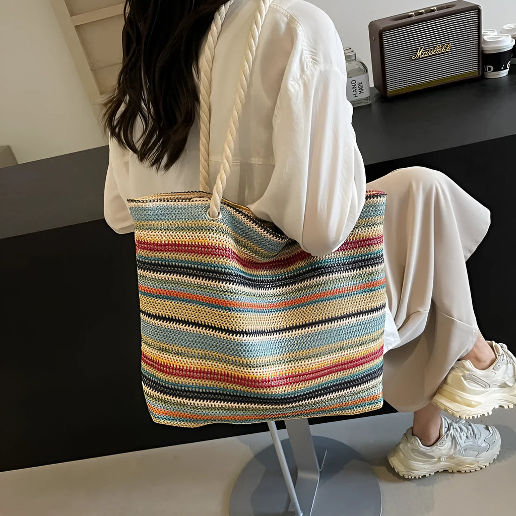 Blue straw woven nylon shoulder bag with large capacity and polyester lining