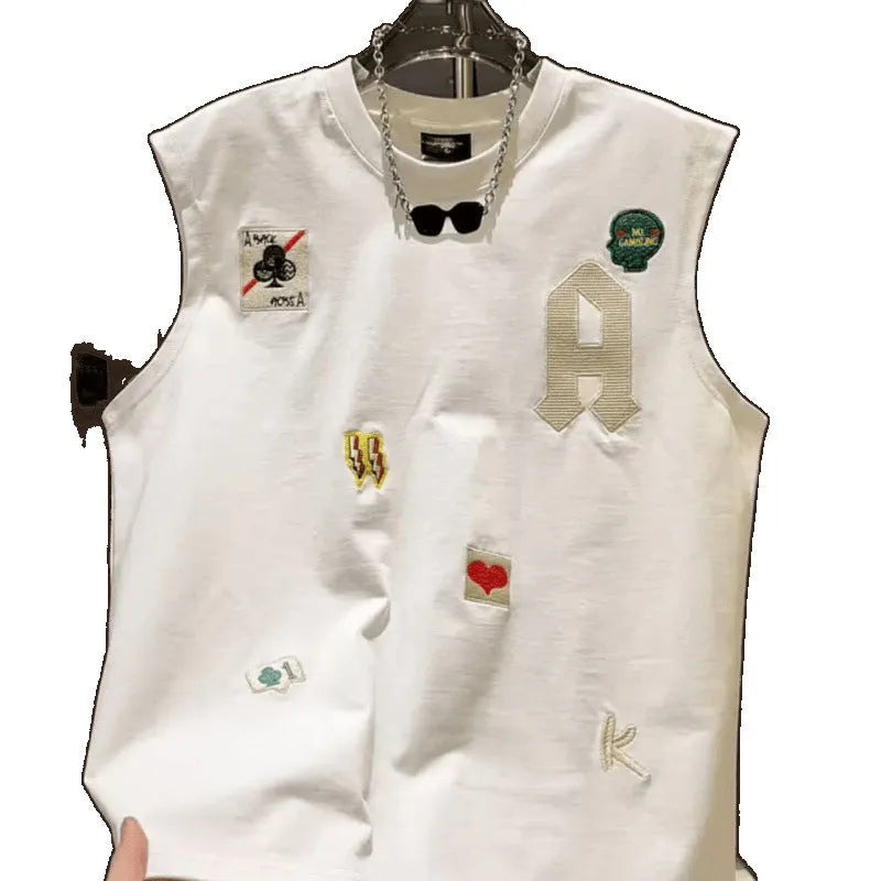 A man's white cotton sleeveless vest with a cartoon graphic print, shown in a loose fit.