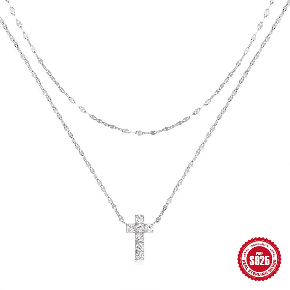 Sterling silver double layer cross pendant necklace with clavicle chain in gold or white gold plating