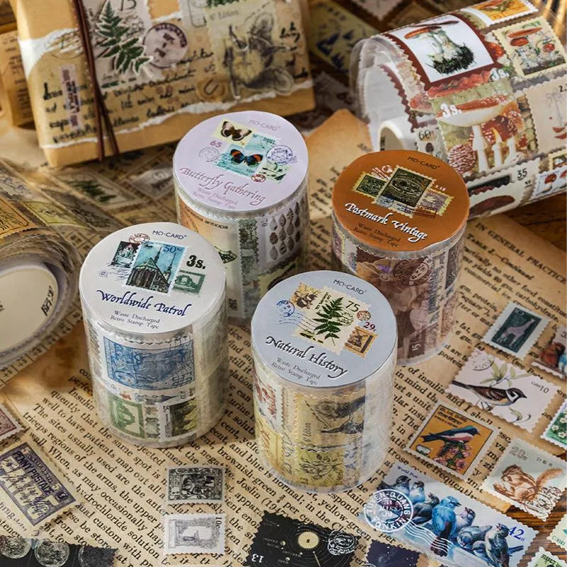 Roll of retro-style decorative coated paper stamps for journal decoration, 55mm wide.