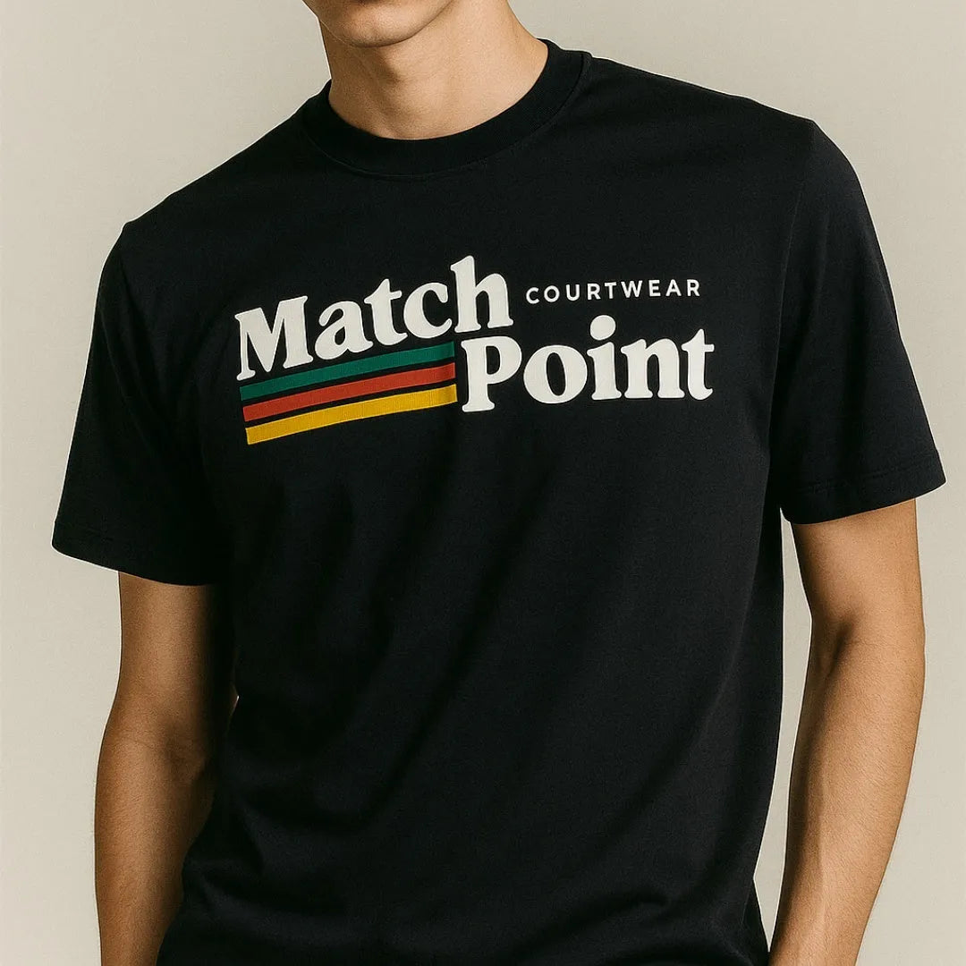 Men's black T-shirt with a 3D digital printed pattern, short sleeves, and a round neck.