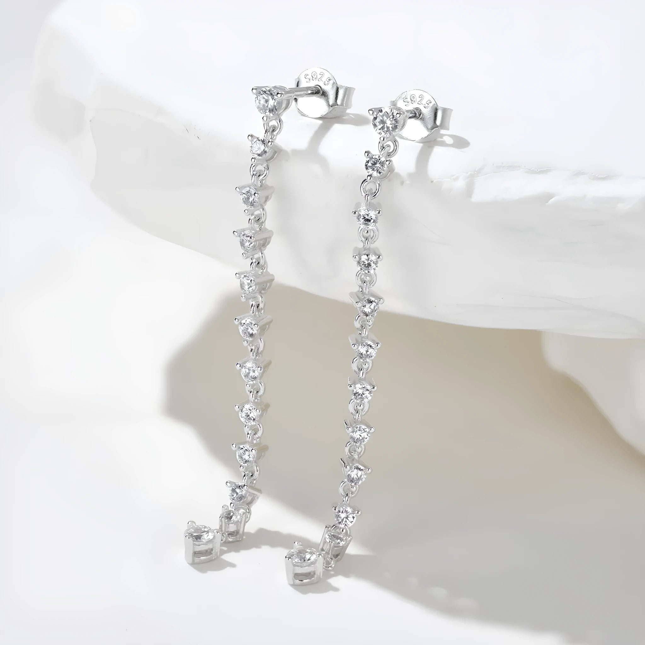 S925 sterling silver stud earrings with cubic zirconia and platinum electroplated geometric design