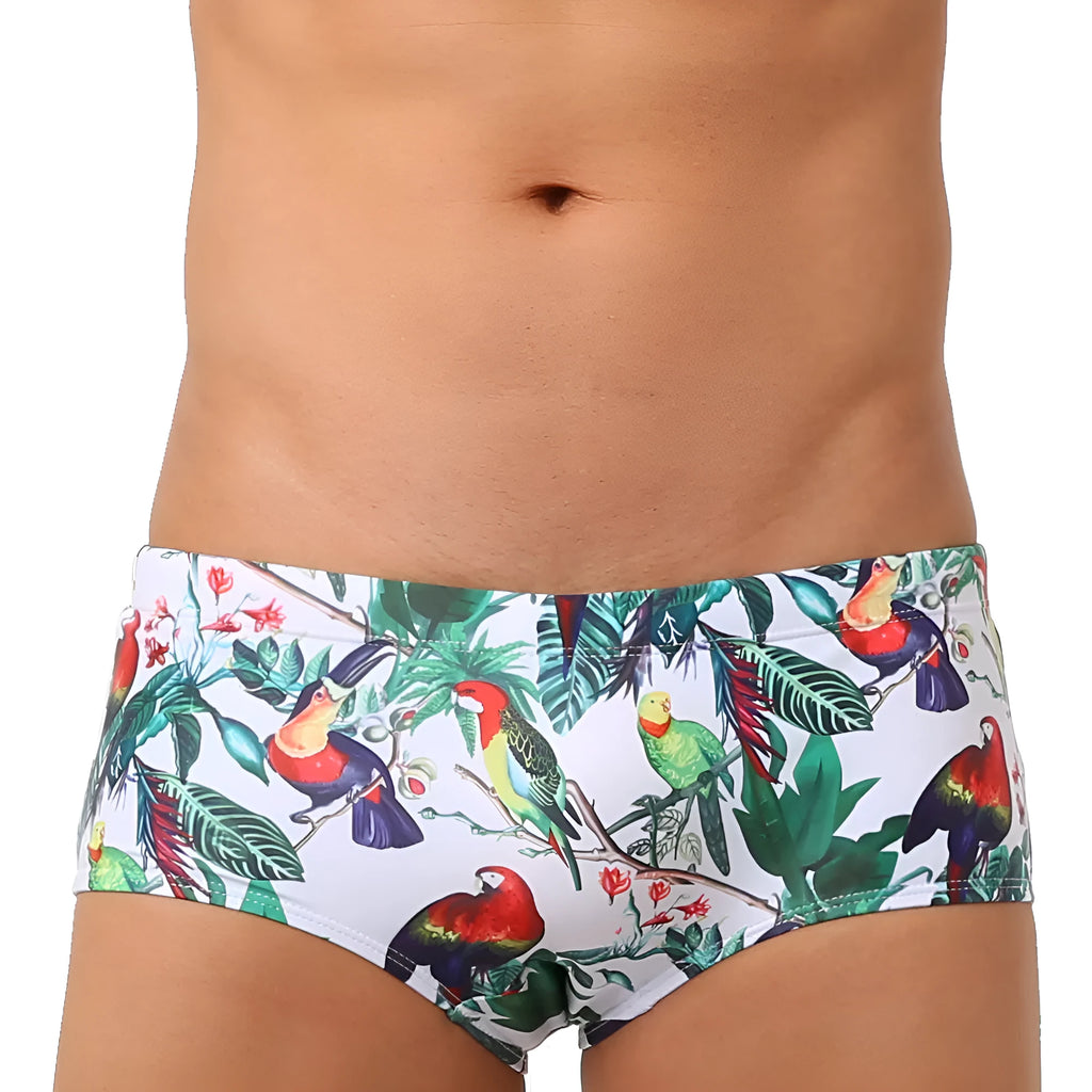 Men's flower and bird print swimming trunks in nylon boxer brief style