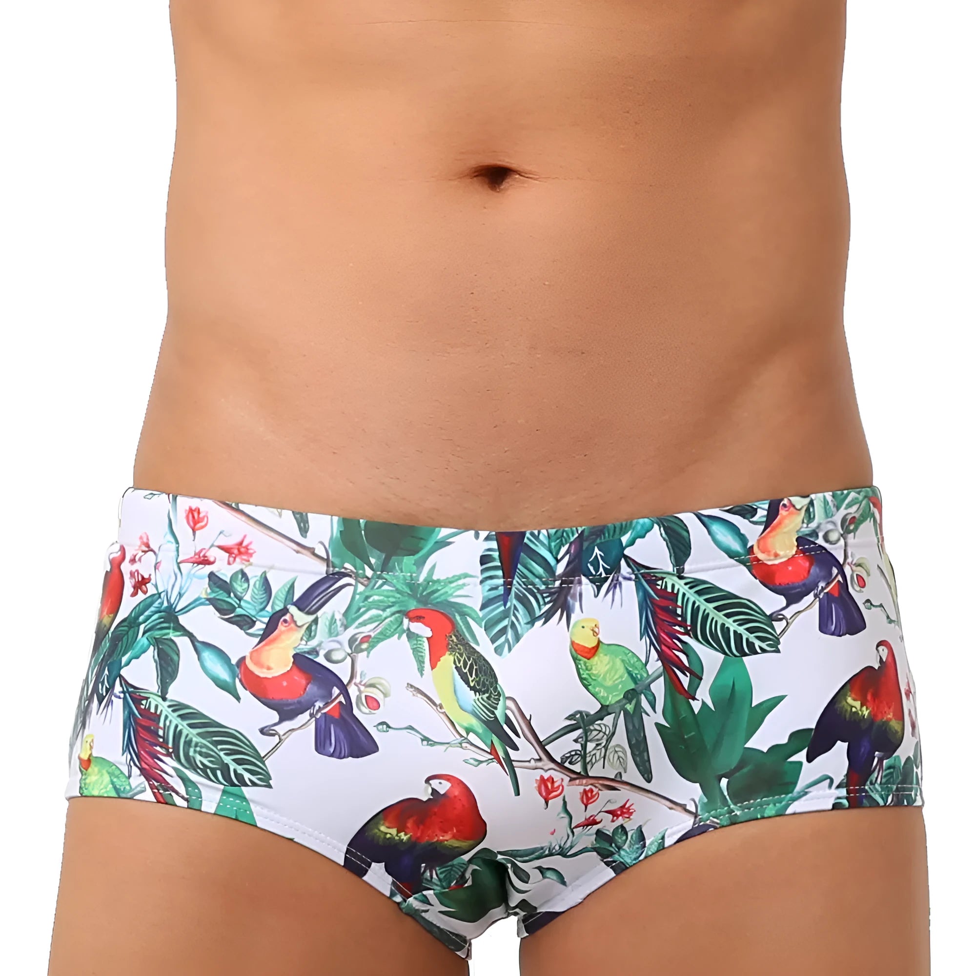 Men's flower and bird print swimming trunks in nylon boxer brief style