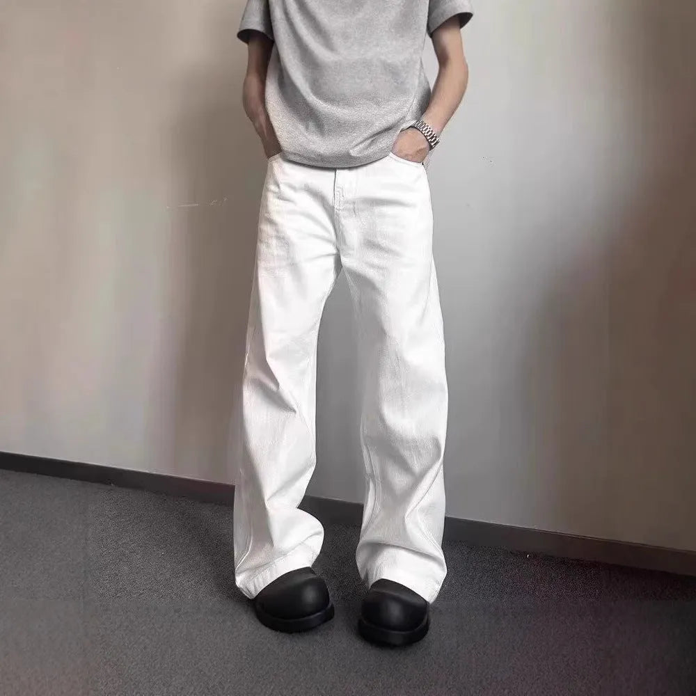 Men's white straight leg cotton denim jeans with mid waist and non-ironing finish
