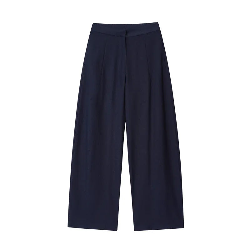 Women's linen blended shirt and wide leg trousers set with flounced sleeves in office-appropriate styling
