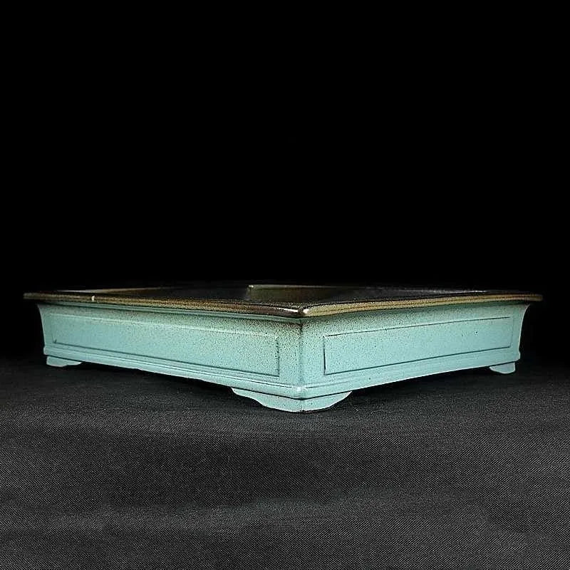 Green handmade ceramic bonsai pot with purple sand crackled glaze
