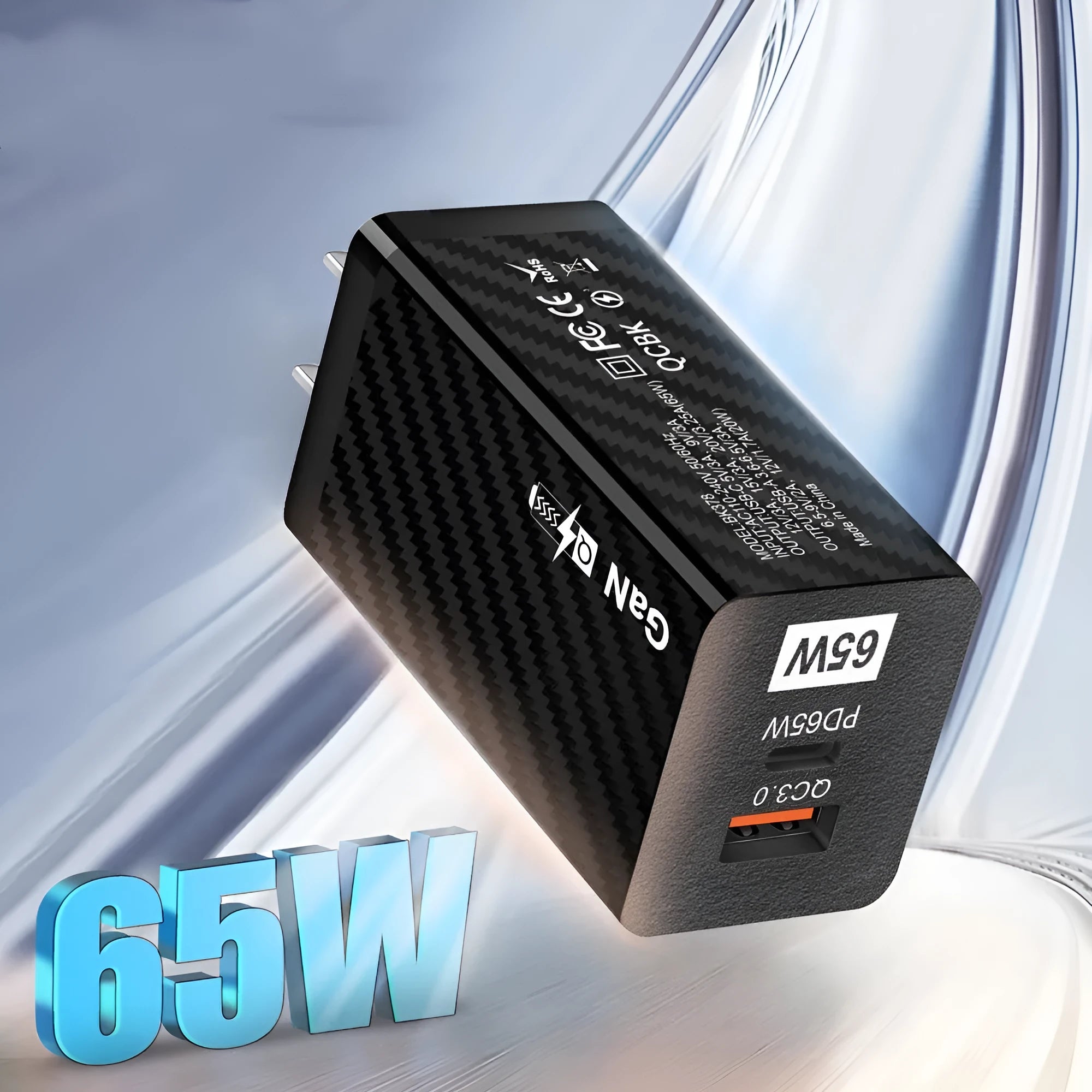 White gallium nitride 65W USB-C PD laptop charger with EU plug showing compact dimensions