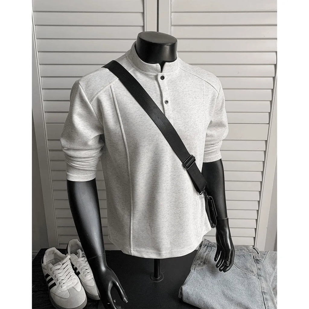 Men's loose fit polo shirt with asymmetric design and patchwork collar in Chinese cotton