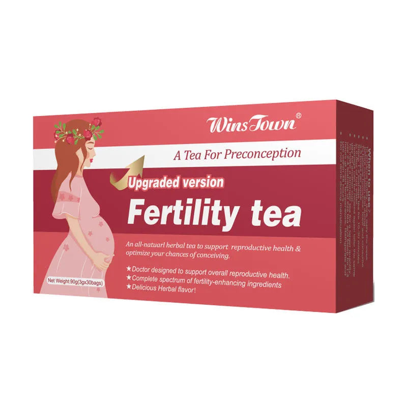 Box of fertility tea showing 3x30 bag pack configuration for herbal reproductive wellness support