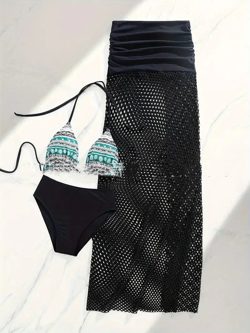 Women's fishnet bikini three-piece set with a long skirt in black, brown, or rose pink