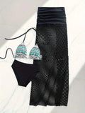 Women's fishnet bikini three-piece set with a long skirt in black, brown, or rose pink