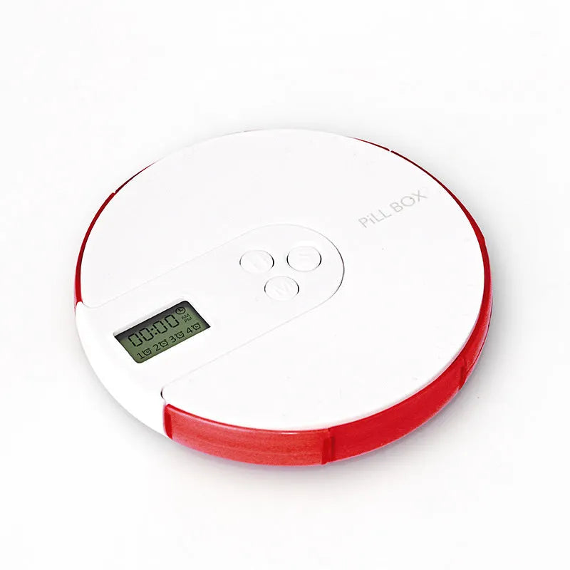Seven-compartment alarm clock pill dispenser with display, slim 2 cm profile, shown in blue colour option