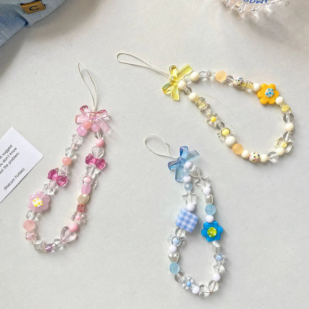 Floral beaded mobile phone lanyard in blue, pink or yellow colour options