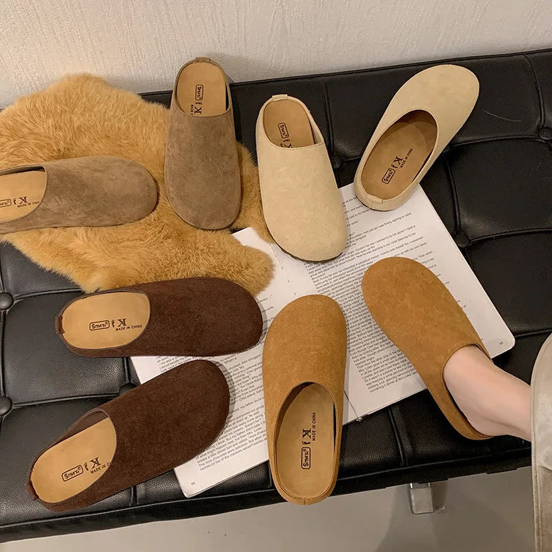 Korean-style square toe slippers in apricot colour with microfiber upper and slip-on design