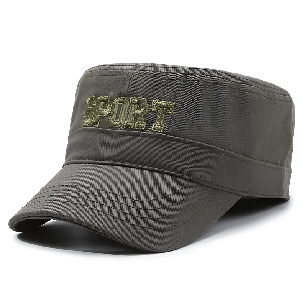 Men's adjustable cotton flat-top peaked cap in multiple colours offering sun protection