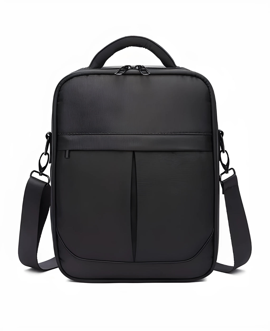 Black Oxford fabric men's messenger bag showing main compartment.