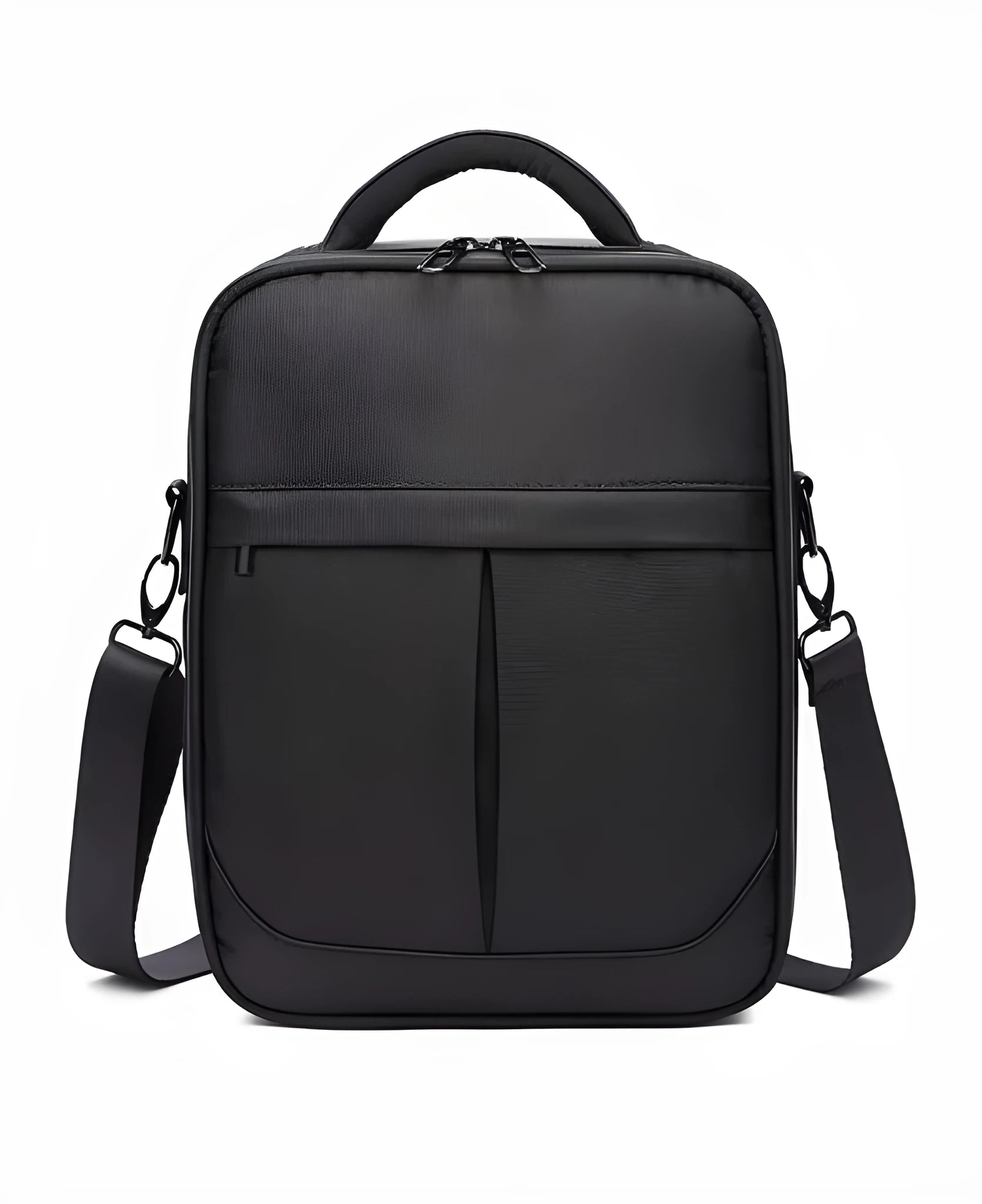 Black Oxford fabric men's messenger bag showing main compartment.