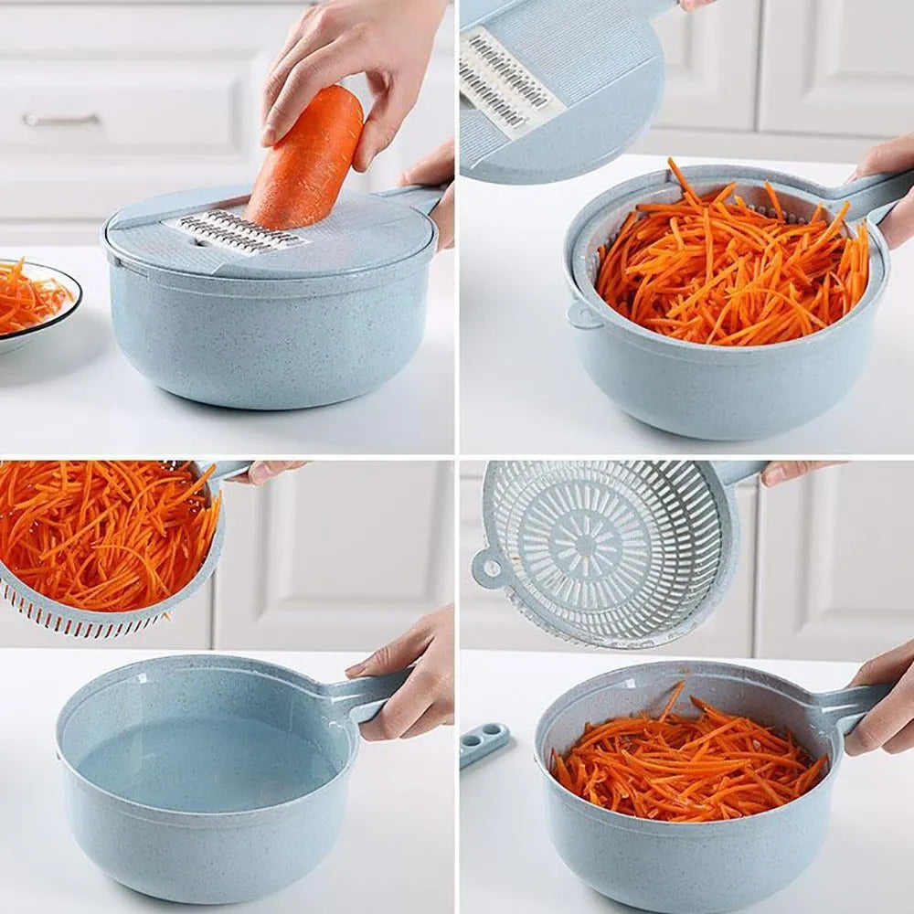 8-in-1 mandoline vegetable slicer with stainless steel blades and blue plastic body on kitchen counter