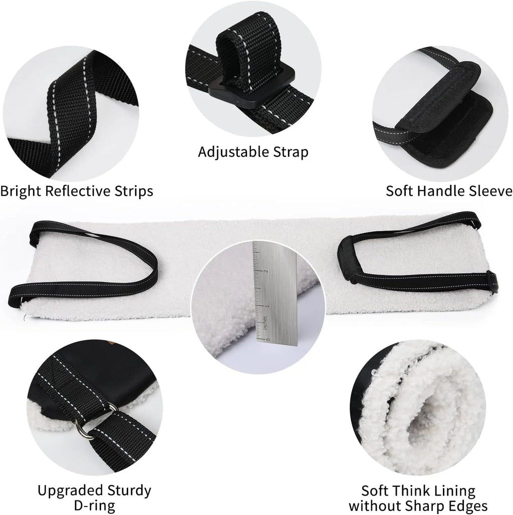 Adjustable dog mobility sling supporting a dog's hindquarters with reflective nylon straps.