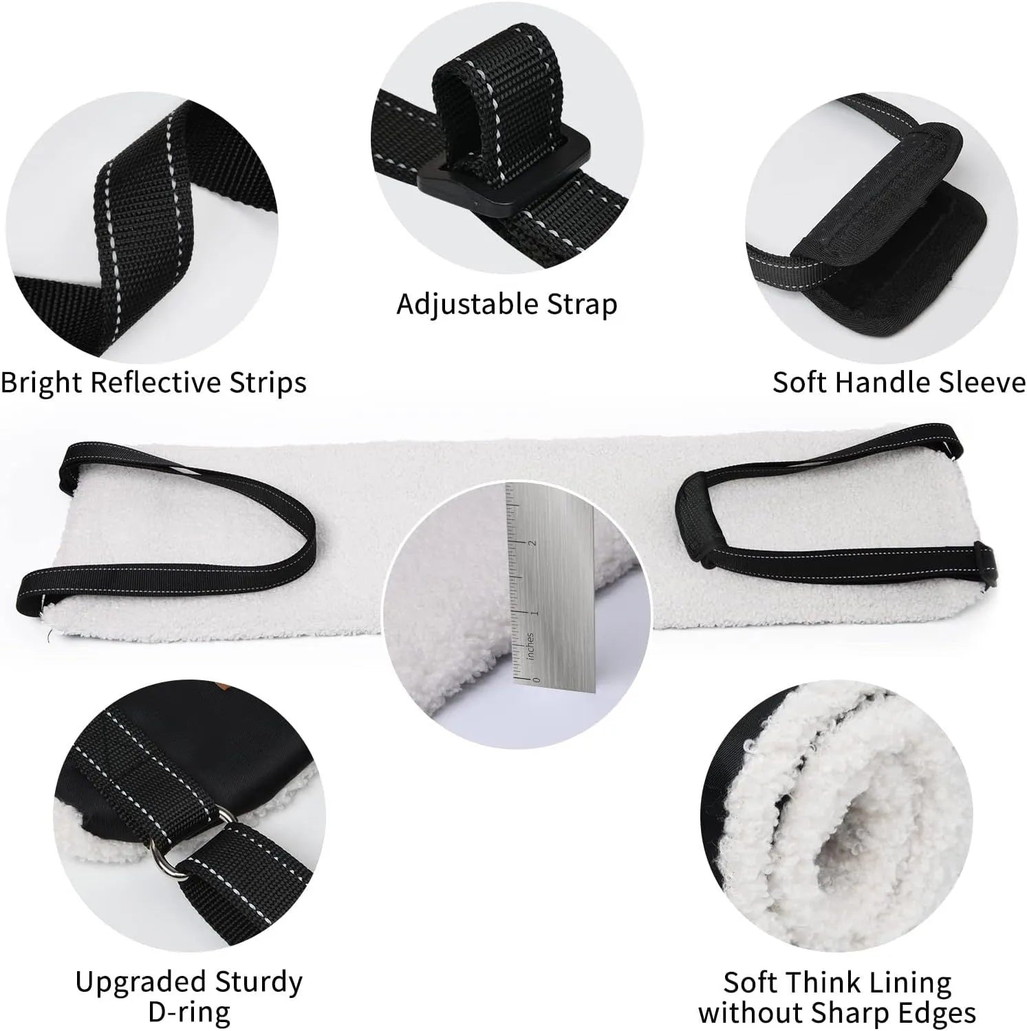 Adjustable dog mobility sling supporting a dog's hindquarters with reflective nylon straps.
