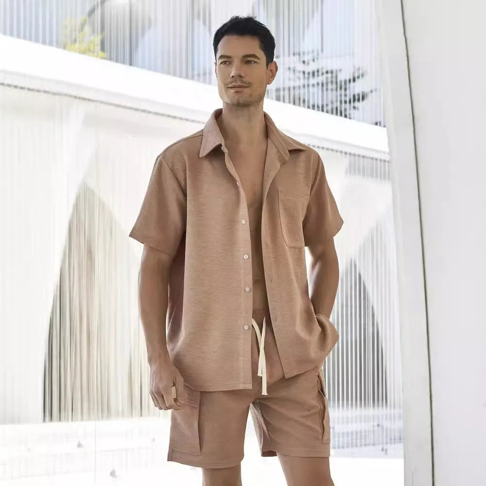 Women's short sleeve top and elastic waist shorts co-ord set in a neutral colour